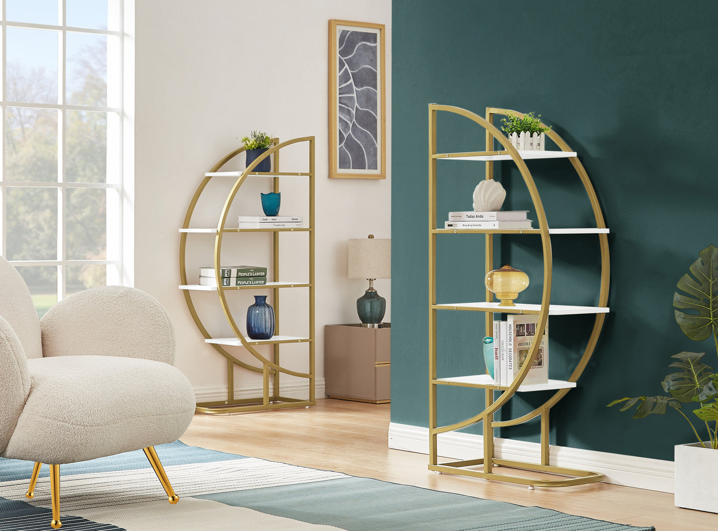 Modern 4-Tier Round Open Bookshelf with Gold Metal Frame and Adjustable Placement Options