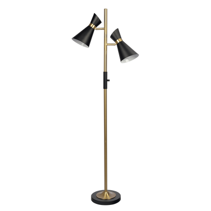 62-Inch Tall Floor Lamp with 4-Way Switch and Dual Spotlight Heads, Metal Base, Brassed Gold Finish