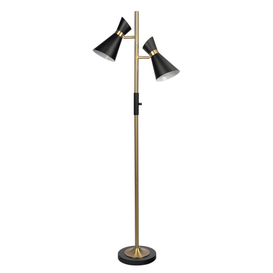 62-Inch Tall Floor Lamp with 4-Way Switch and Dual Spotlight Heads, Metal Base, Brassed Gold Finish