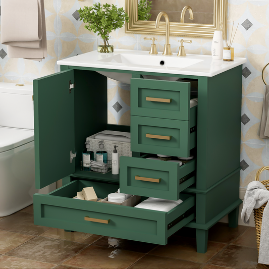 30" Stylish Green Bathroom Vanity with Soft-Close Doors and Sink Combo, Modern Cabinet Featuring 3 Spacious Drawers and Solid Wood Frame