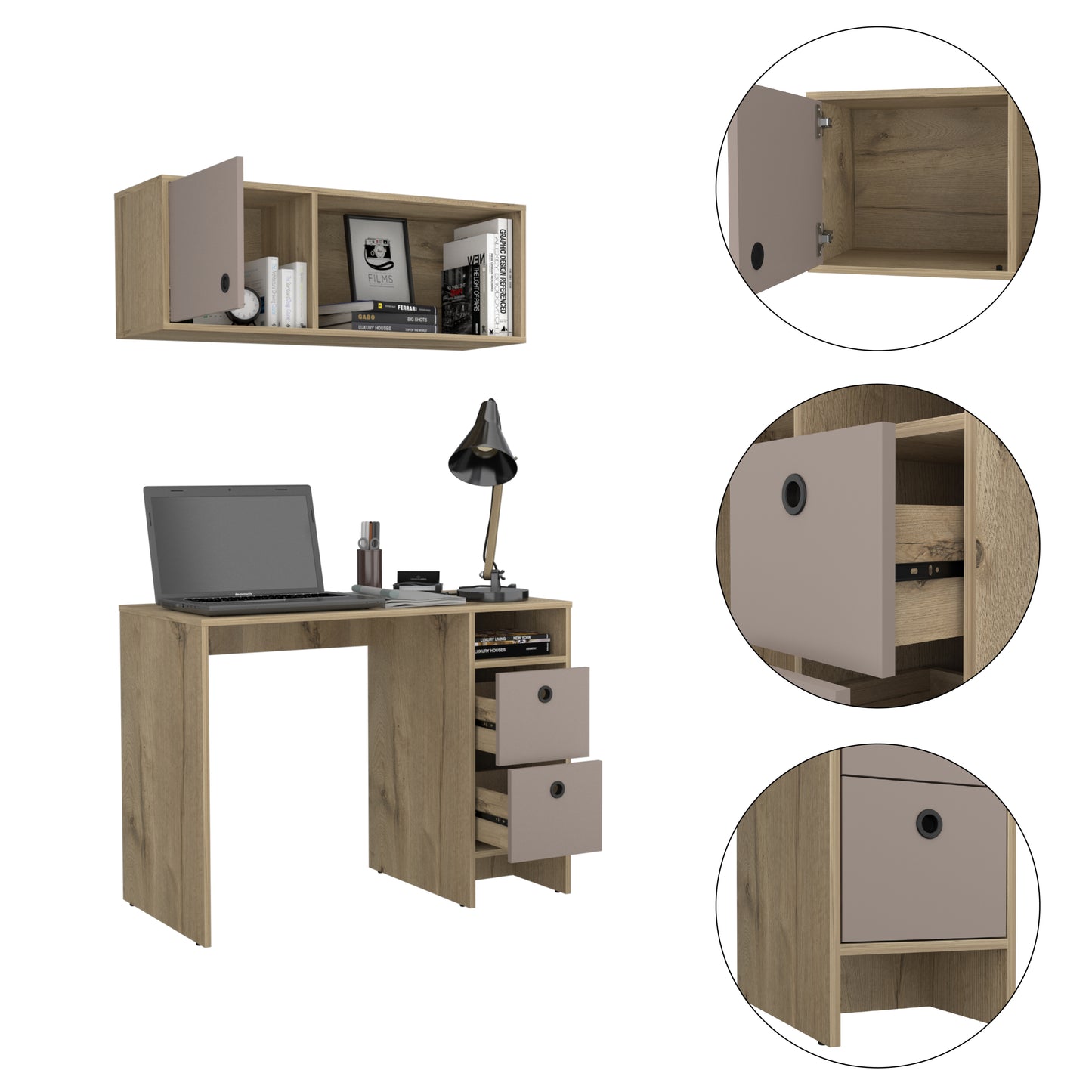 Light Oak and Taupe Modern Office Duo with Shelves and Drawers