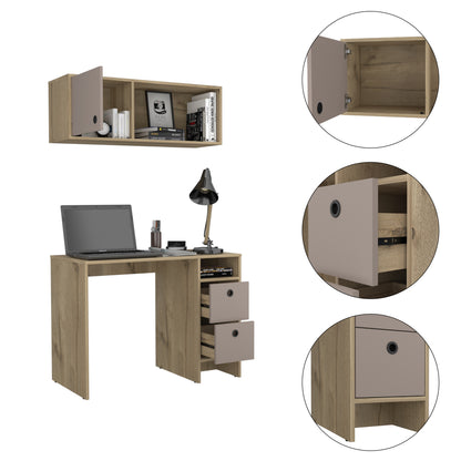 Light Oak and Taupe Modern Office Duo with Shelves and Drawers