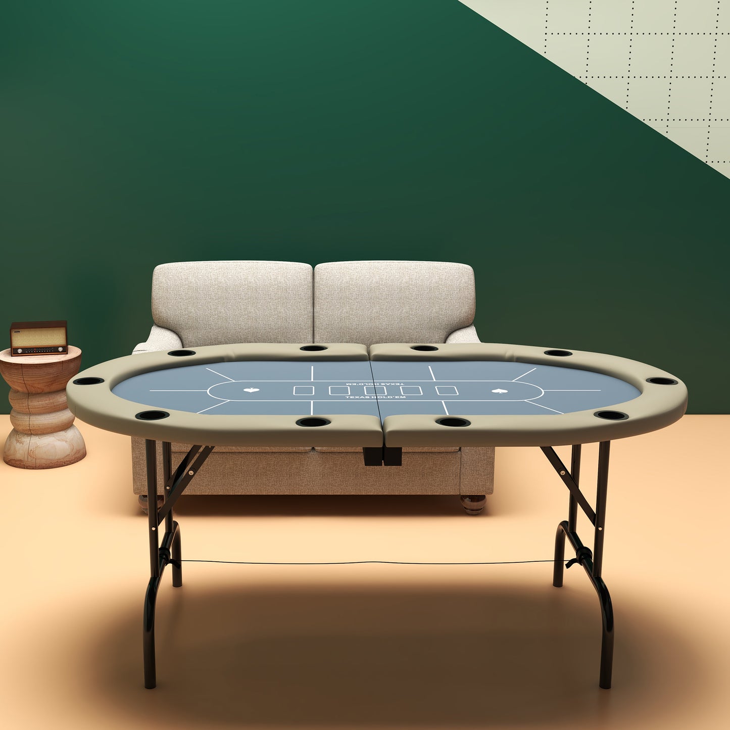 70-Inch Folding Oval Poker Table for 10 with Cup Holders, Felt Surface, Portable Padded, Blue and Brown