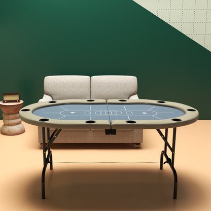 70-Inch Folding Oval Poker Table for 10 with Cup Holders, Felt Surface, Portable Padded, Blue and Brown