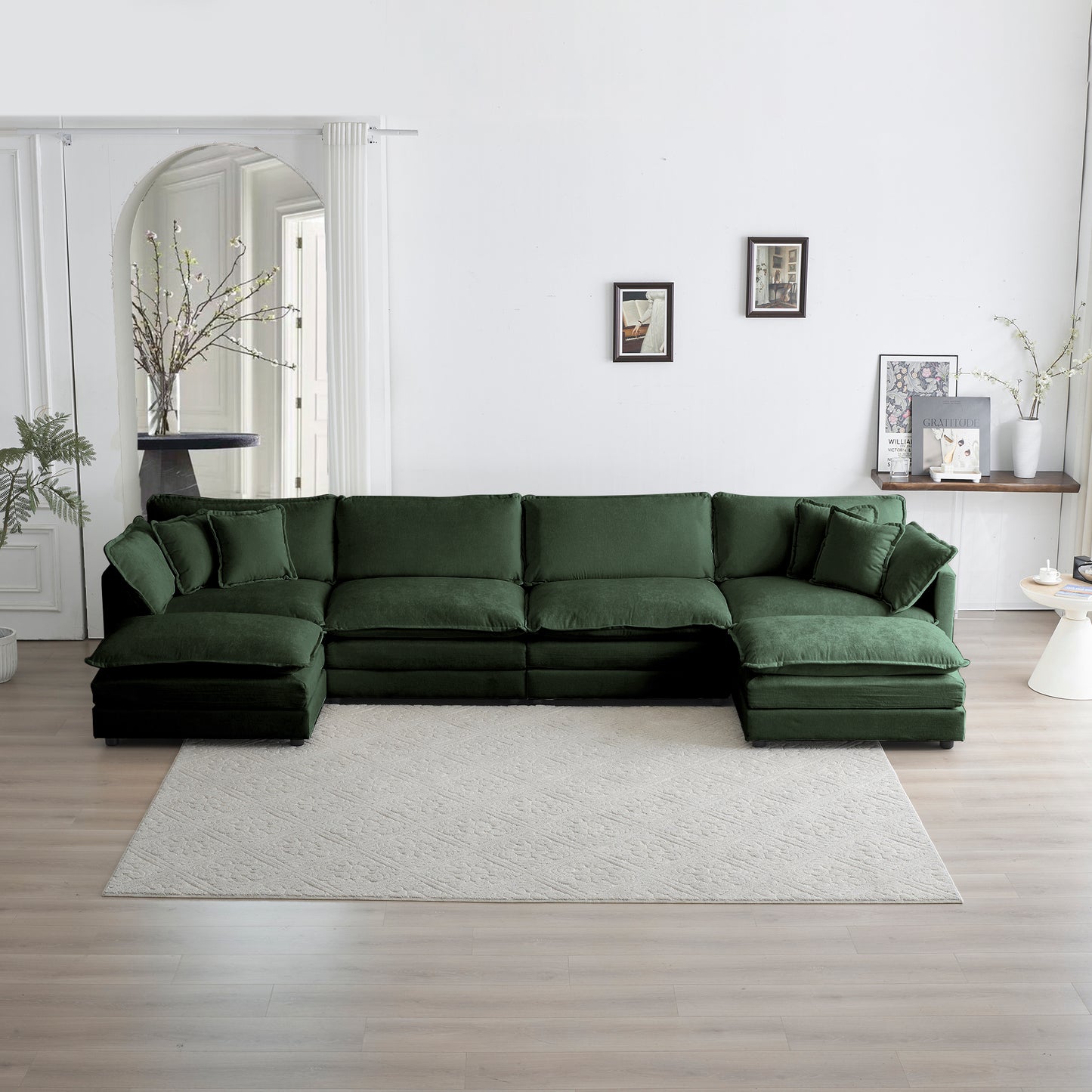 Modular U-Shape Sectional Sofa with Reversible Chaise, Chenille Upholstery, 5 Cushions, Ottomans Green