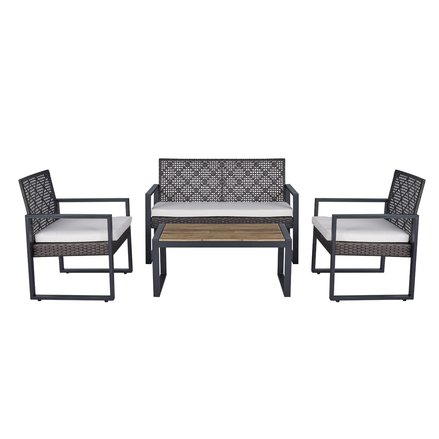 4-Piece Outdoor Patio Furniture Set With Acacia Wood Table Top And Wicker Frame For Poolside Beige Cushions Brown