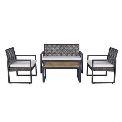4-Piece Outdoor Patio Furniture Set With Acacia Wood Table Top And Wicker Frame For Poolside Beige Cushions Brown