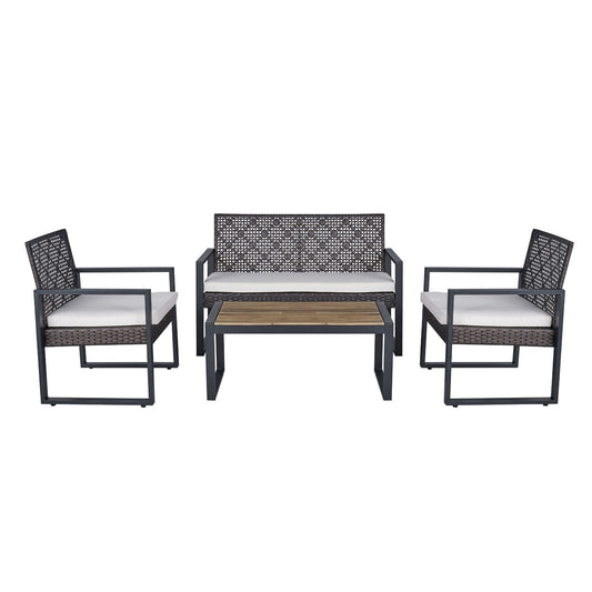 4-Piece Outdoor Patio Furniture Set With Acacia Wood Table Top And Wicker Frame For Poolside Beige Cushions Brown