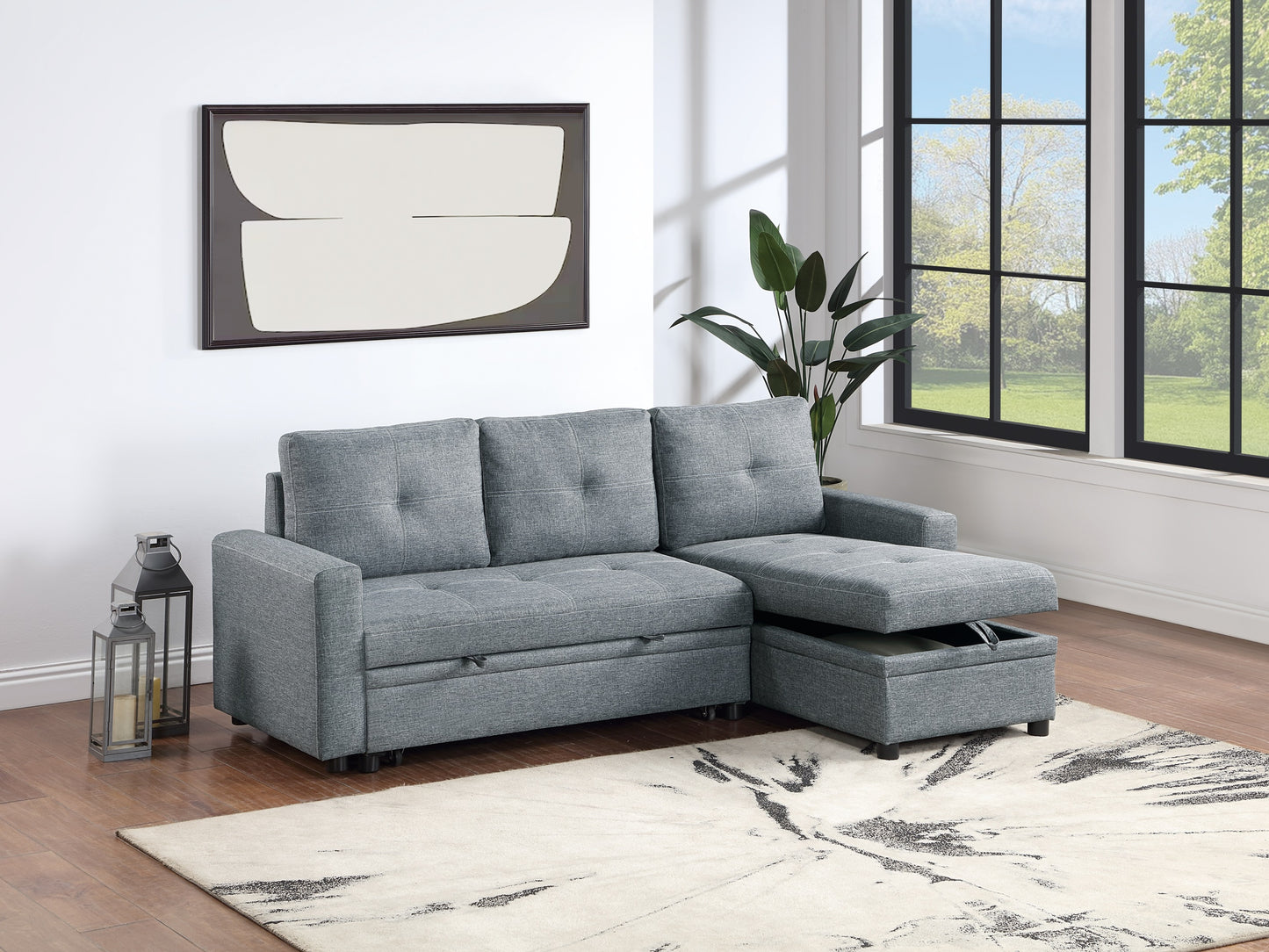 Convertible Sectional Sofa with Pull-Out Bed and Reversible Storage Chaise, Tufted Back, Grey-Black