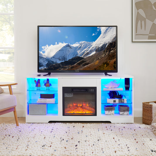 58-Inch Electric Fireplace TV Stand, Fits 32–65-Inch TVs, USB Charging, Remote Control, White