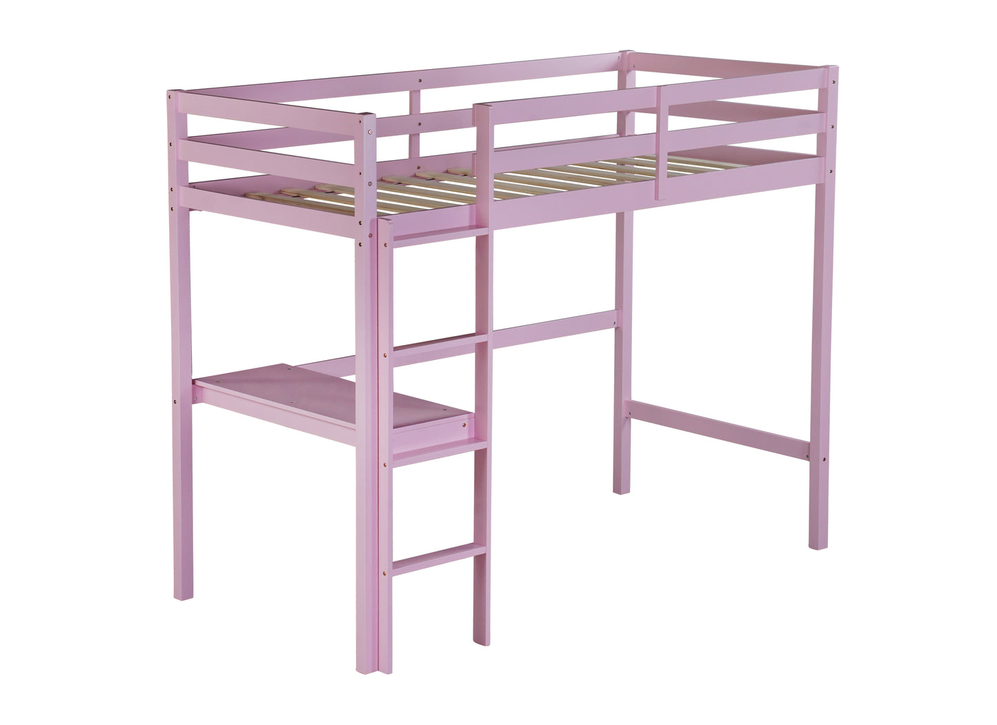 Pink Twin High Loft Bed with Built-in Desk and Safety Guardrails - Rubber Wood Design