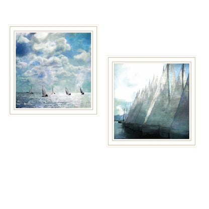 Two-Piece Sail Away Vignette Framed Wall Art for Living Room & Bedroom - Nautical Print, 14x14 in White