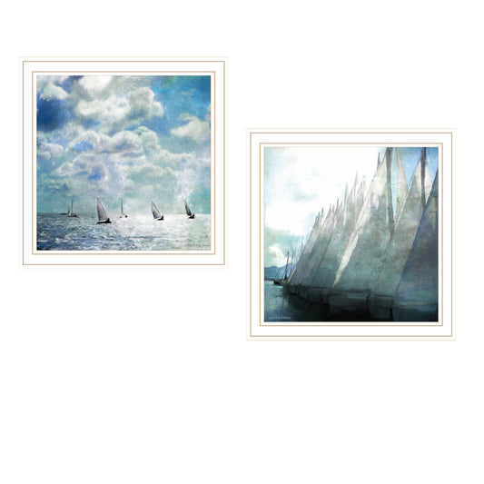 Two-Piece Sail Away Vignette Framed Wall Art for Living Room & Bedroom - Nautical Print, 14x14 in White
