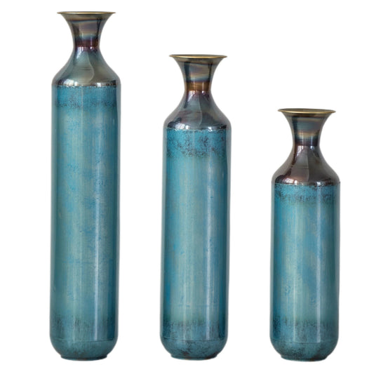 Set of 3 Modern Droplet-Shaped Floor Vases in 20.4, 24.4, 28.34 in heights Glazed Metal Decor Aqua Blue