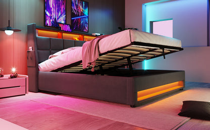 Modern Queen Size Upholstered Platform Bed with Hydraulic Storage, LED Lighting, and USB Port - Grey (Mattress Not Included)