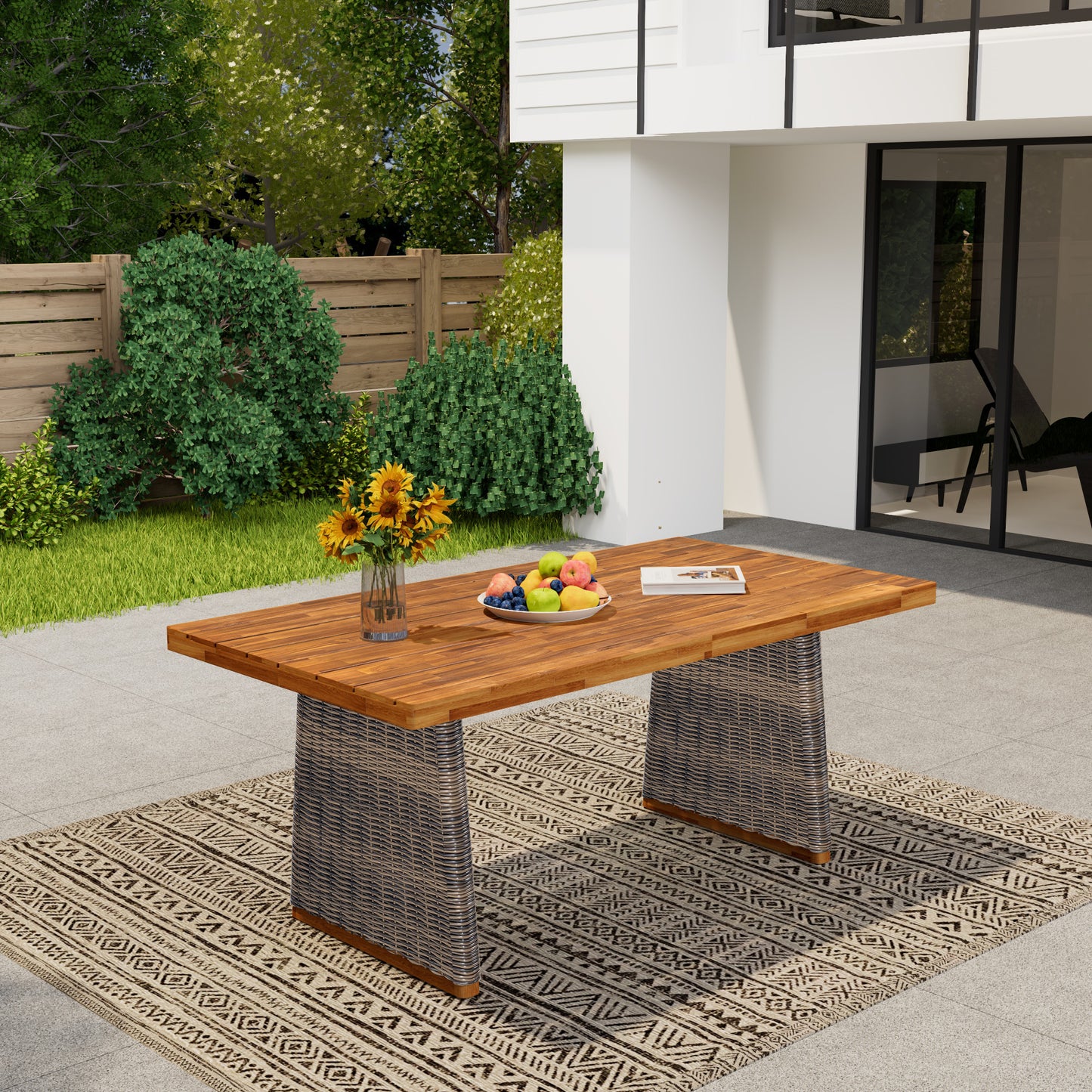 Outdoor Acacia Wood Dining Table For Patio Or Garden 70 Inch Long 31.5 Inch Wide With Grey Wicker Teak Finish