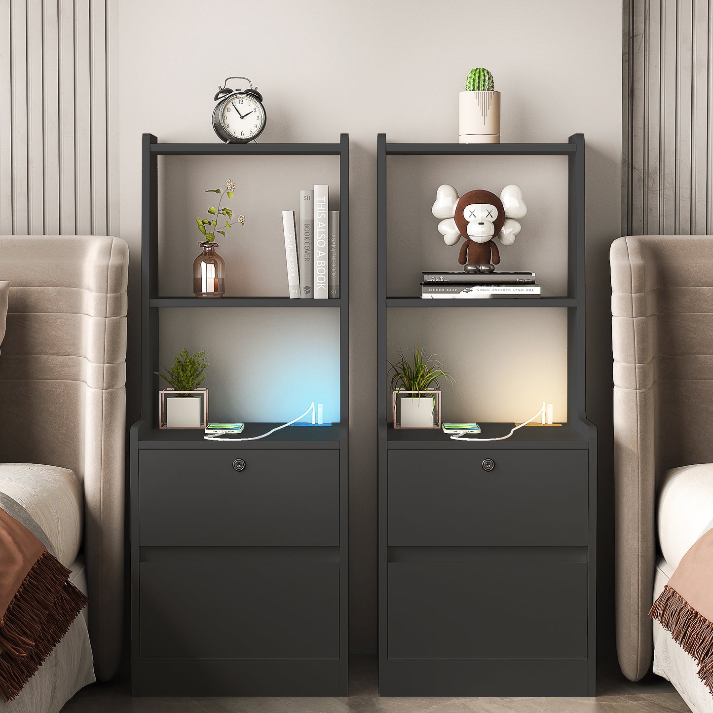 Nightstand with Charging Station, Smart Nightstand with Night Light, Modern Night Stand with Bookshelf, Bedside Tables with Storage Cabinet for Bedroom, Black