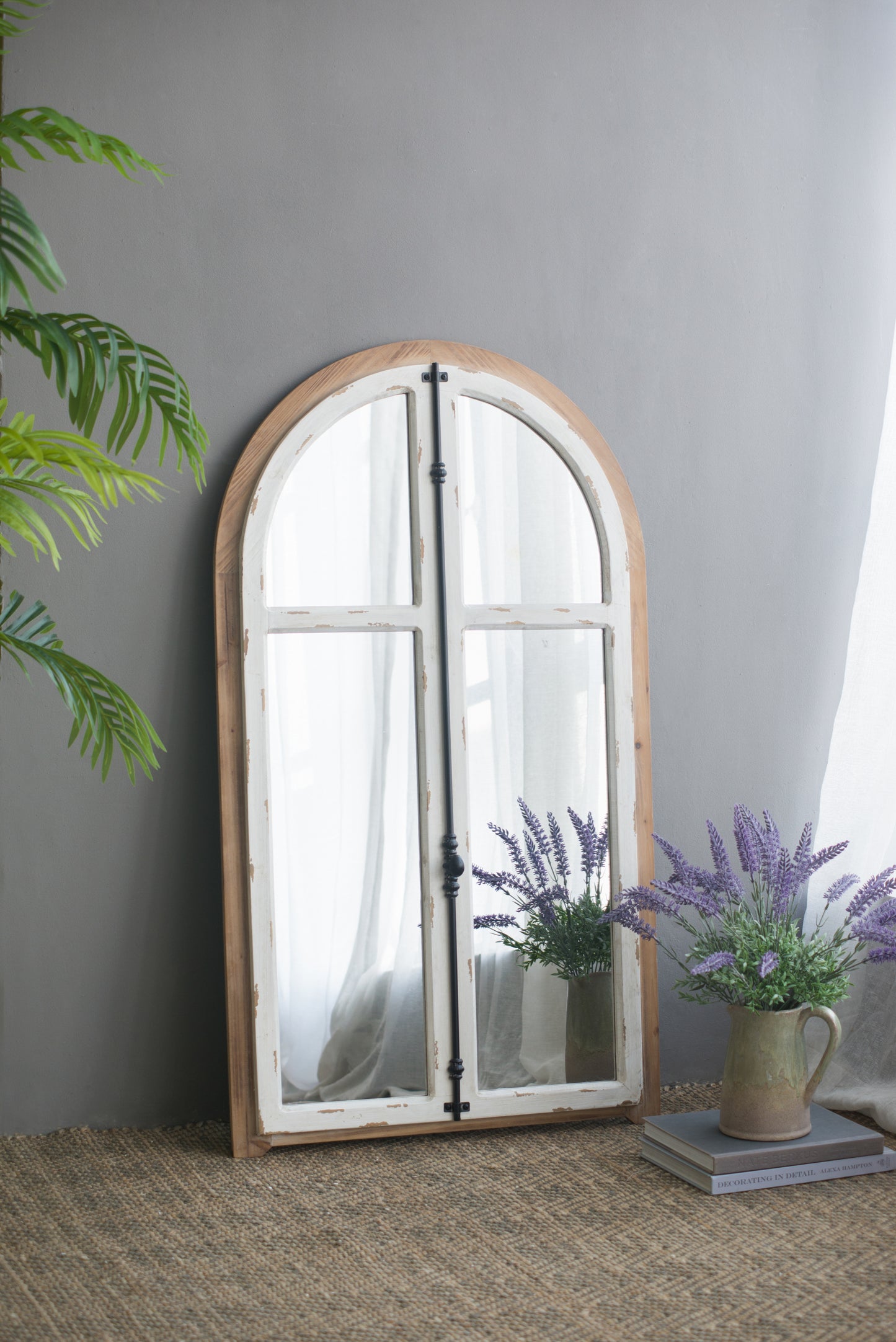 Carina Arched Window Frame Wall Mirror - 27.5" x 48" Distressed White Finish