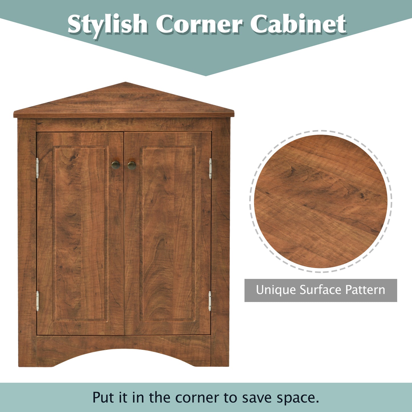 Brown Modern Triangle Corner Storage Cabinet with Adjustable Shelving for Home and Kitchen