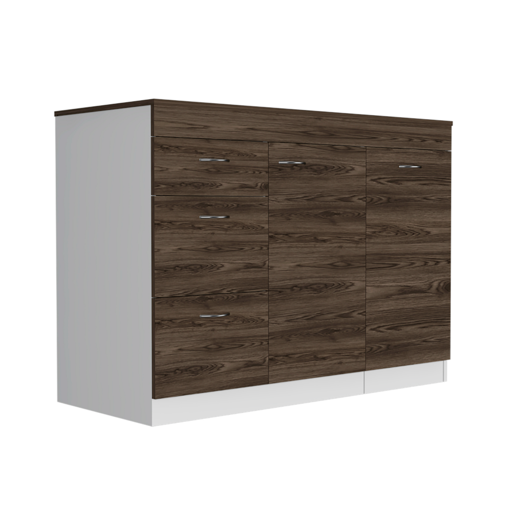 Modern Grecia Kitchen Base Cabinet with Three Drawers and Two Shelves - White & Dark Walnut