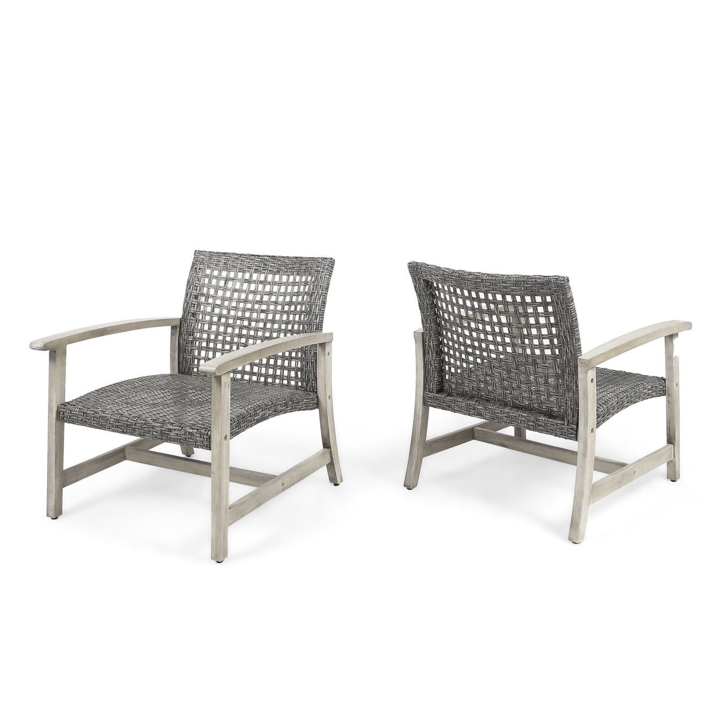 Outdoor Club Chair With Rattan Cover And Acacia Wood Frame For Patio Or Porch Cushioned Lounge Seating Grey
