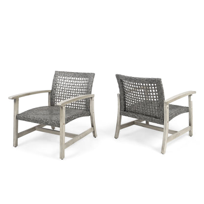 Outdoor Club Chair With Rattan Cover And Acacia Wood Frame For Patio Or Porch Cushioned Lounge Seating Grey