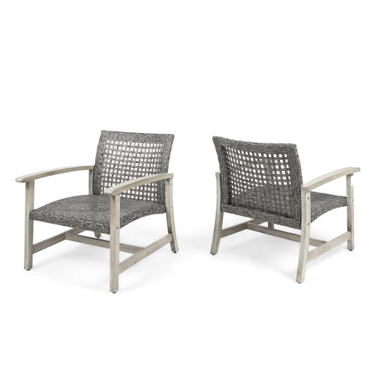 Outdoor Club Chair With Rattan Cover And Acacia Wood Frame For Patio Or Porch Cushioned Lounge Seating Grey