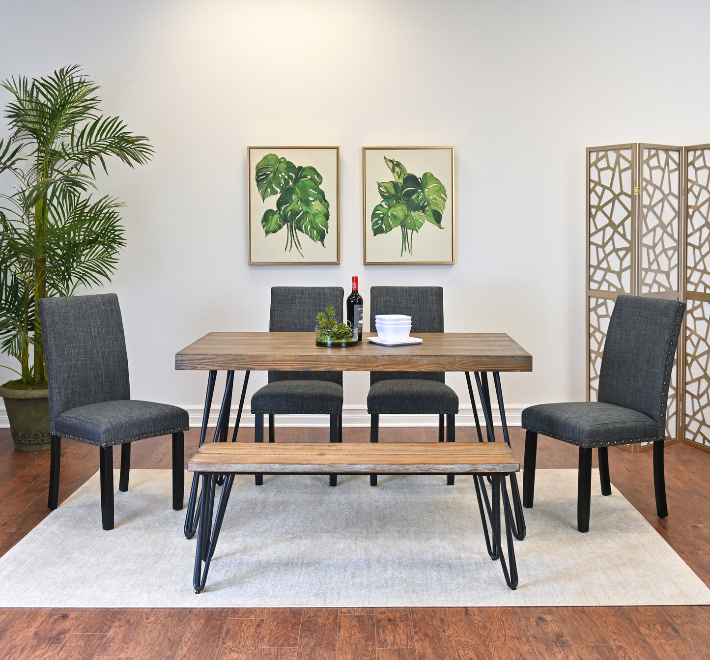 Hairpin Dining Table Set With 4 Chairs And Wood Bench Color