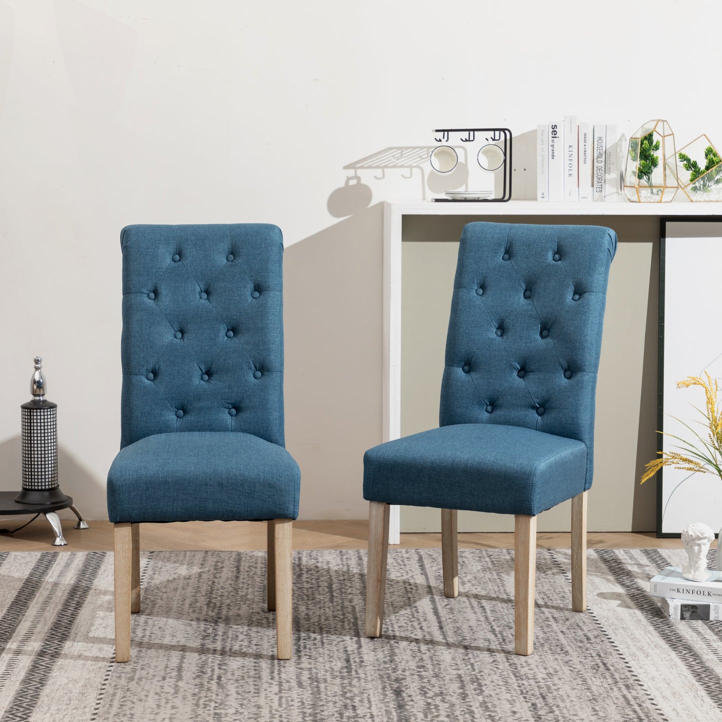 Five Piece Cross Buck Round Table With Tufted Chairs Blue