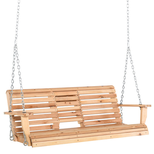 Three Seater Wooden Porch Swing With Folding Coffee Table, Cup Holders, Chains Included, 440 Lb Capacity Bench Natural