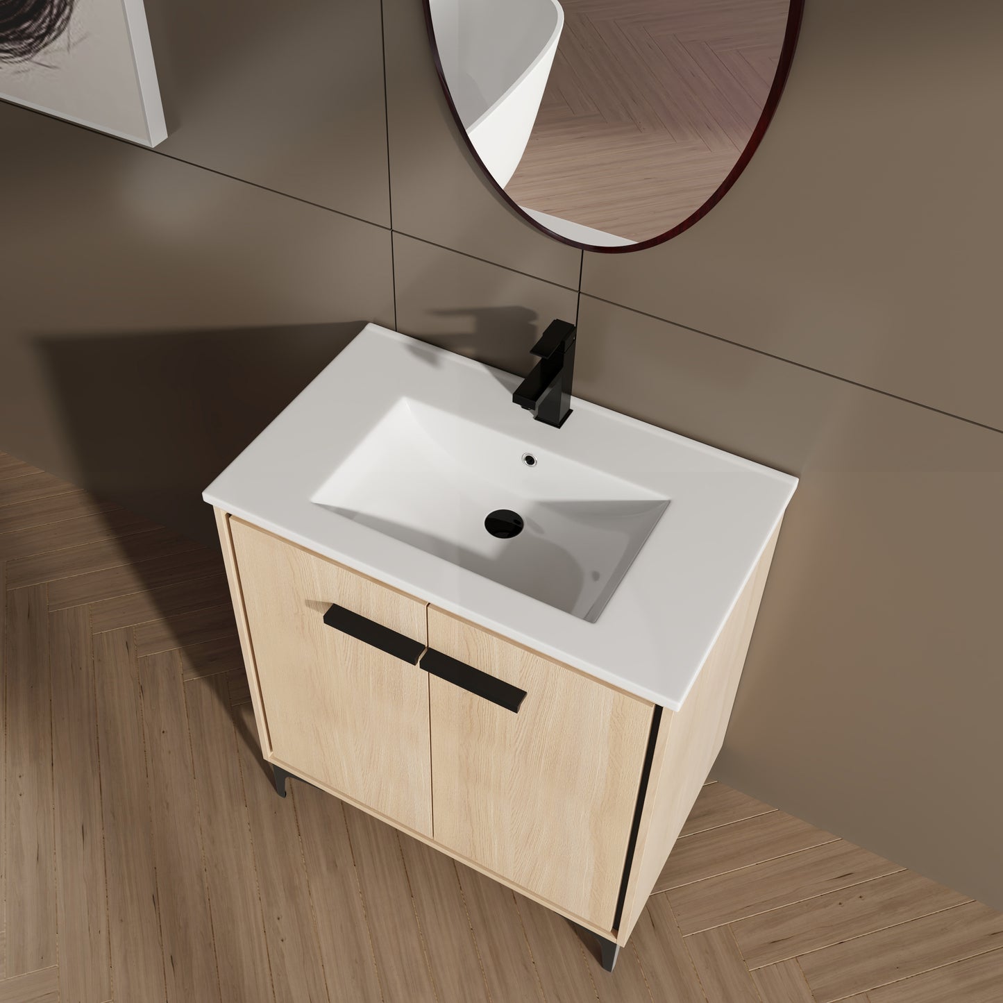 30-Inch Oak Bathroom Vanity Base with Ceramic Basin and Double Door Storage Cabinet