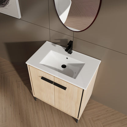 30-Inch Oak Bathroom Vanity Base with Ceramic Basin and Double Door Storage Cabinet