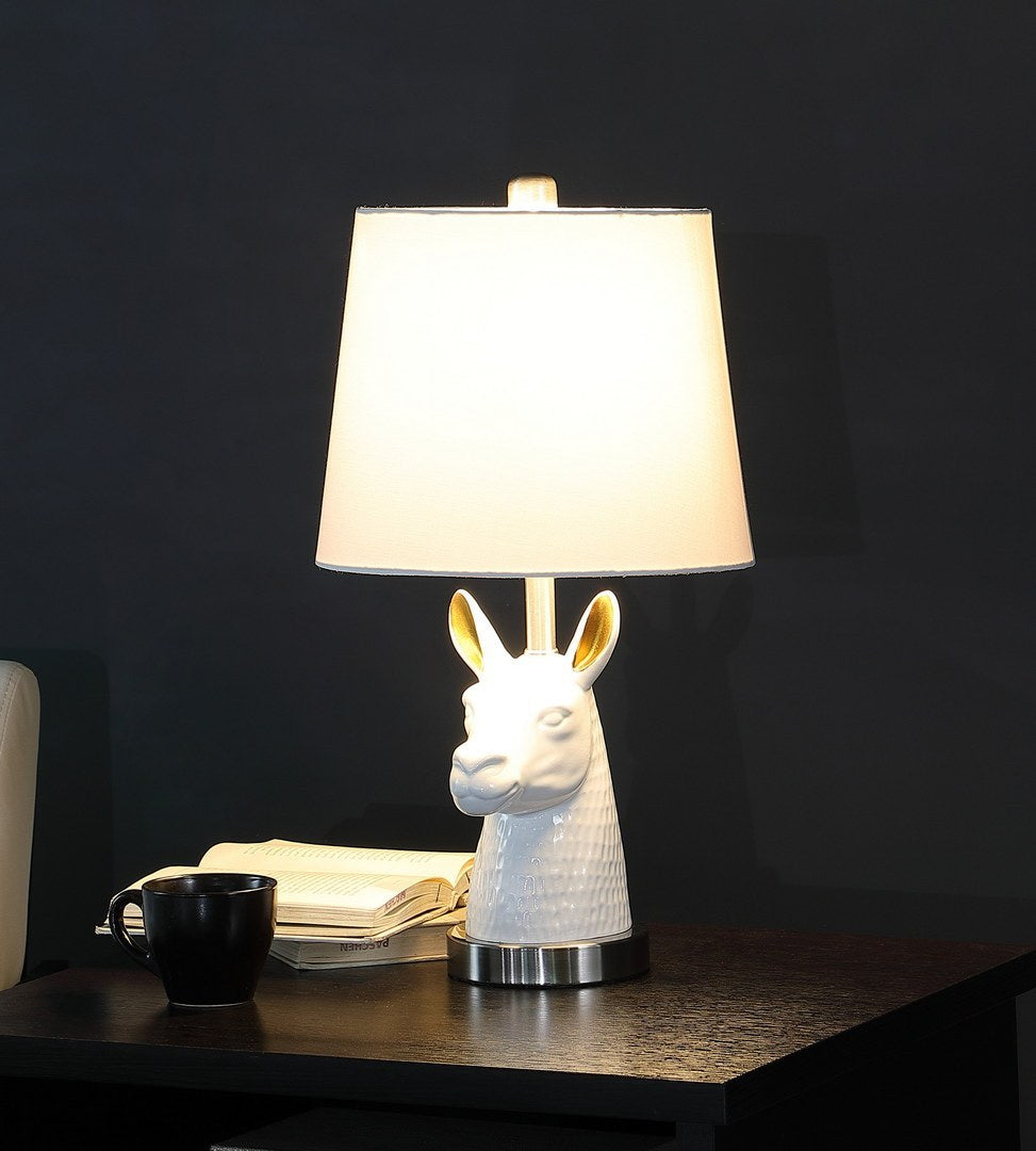 Table Lamp with Llama Bust, 20.5-Inch Tall, Polyresin Bust, Cotton/Linen Shade, Metal Base, White