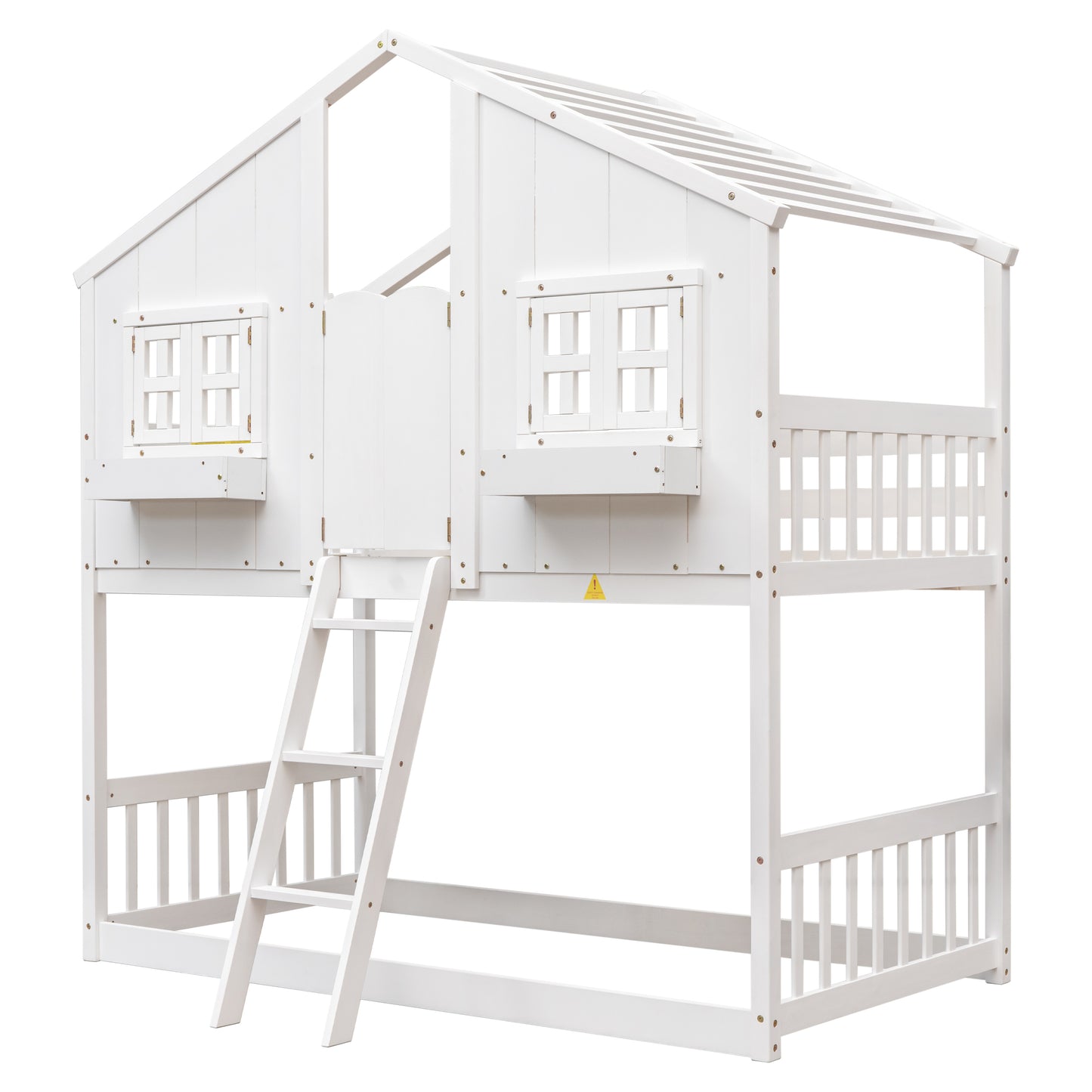 Charming Twin Over Twin House Bunk Bed with Roof and Window Features, Safety Guardrails and Ladder, White