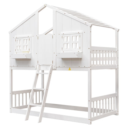 Charming Twin Over Twin House Bunk Bed with Roof and Window Features, Safety Guardrails and Ladder, White