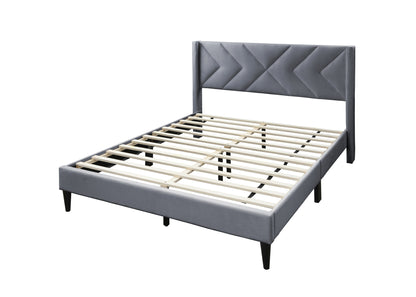 Stylish Gray Velvet Queen Bed Frame with Geometric Headboard – Modern Upholstered Design