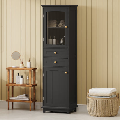 63" Tall Bathroom Storage Cabinet with Glass Doors, Free-Standing, Two Drawers, and Adjustable Shelves, MDF Board, Painted Black - Perfect for Displaying Your Favorite Items