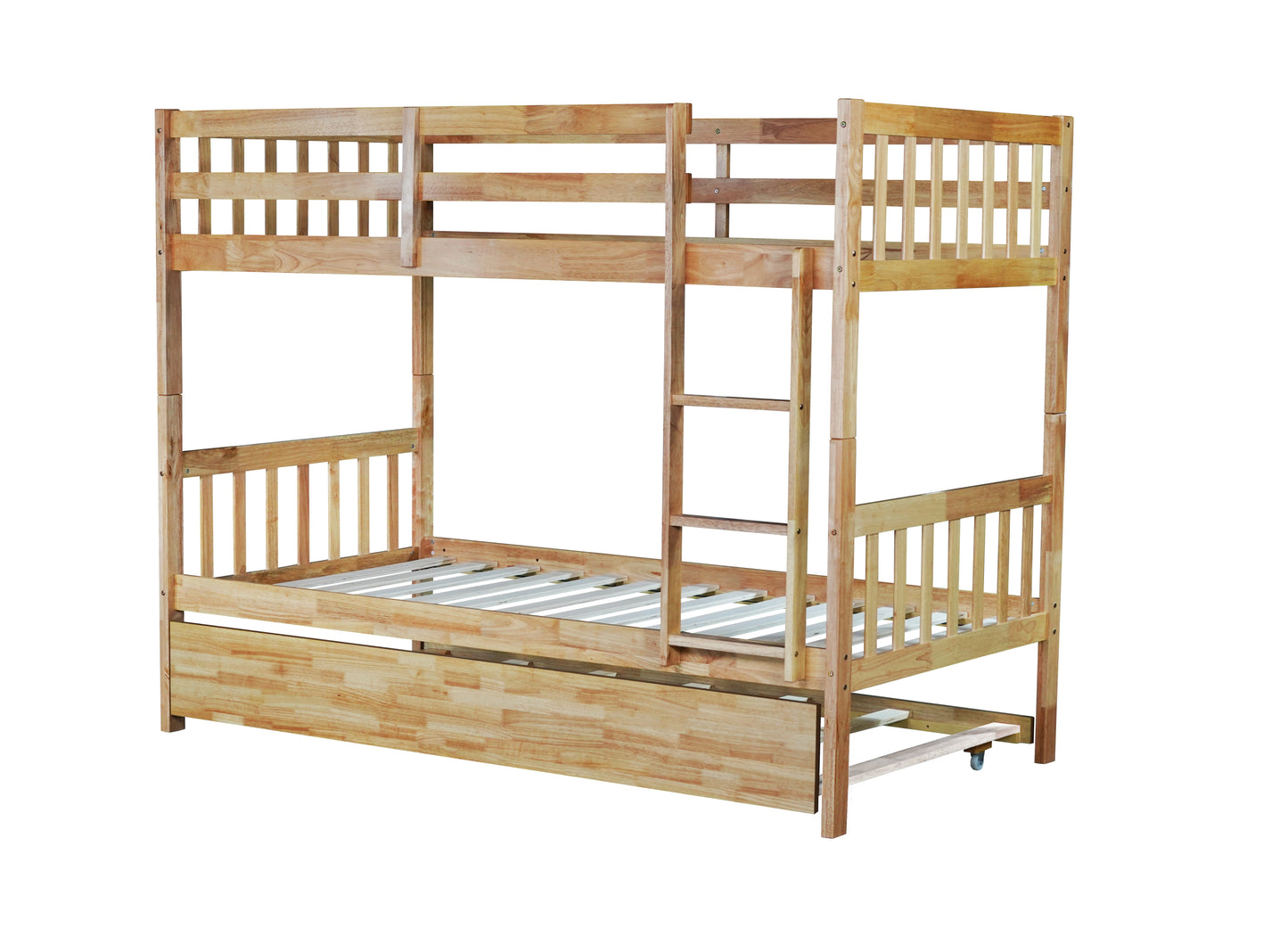 Convertible Twin Over Twin Bunk Bed with Trundle, Rubber Wood Design, Ladder & Safety Guardrails, Natural Finish