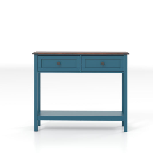 Farmhouse-Style Console Table with 2 Drawers and Bottom Shelf, Engineered Wood, 39in L x 11in W Pagoda Blue
