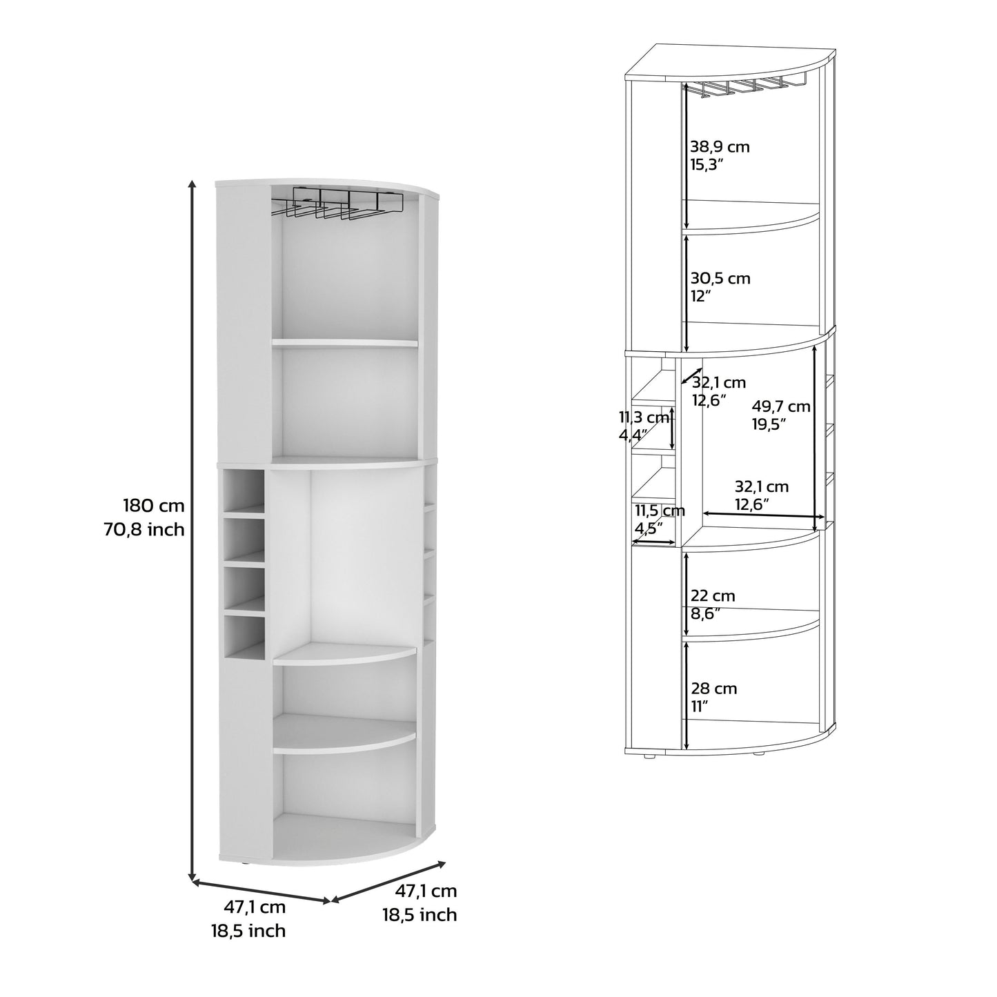 71 Inch White Corner Bar Cabinet With Stemware Storage