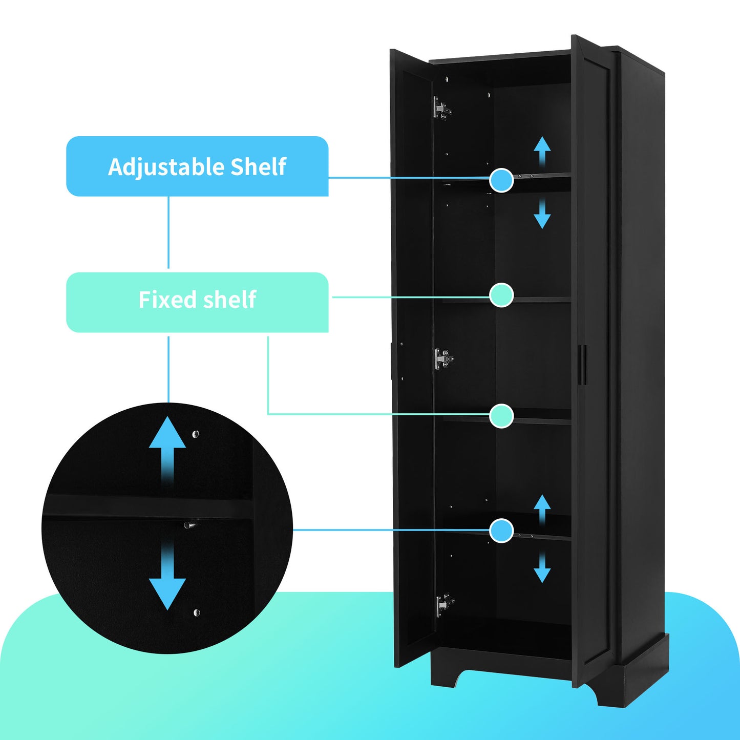 Elegant Black Storage Cabinet with Adjustable Shelves for Bathroom and Office