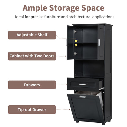 Stylish Tall Black Bathroom Storage Cabinet with Removable Laundry Basket and Ample Organizing Space