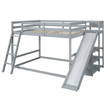 Gray Full Over Full Bunk Bed with Slide, Ladder, and Storage Shelves