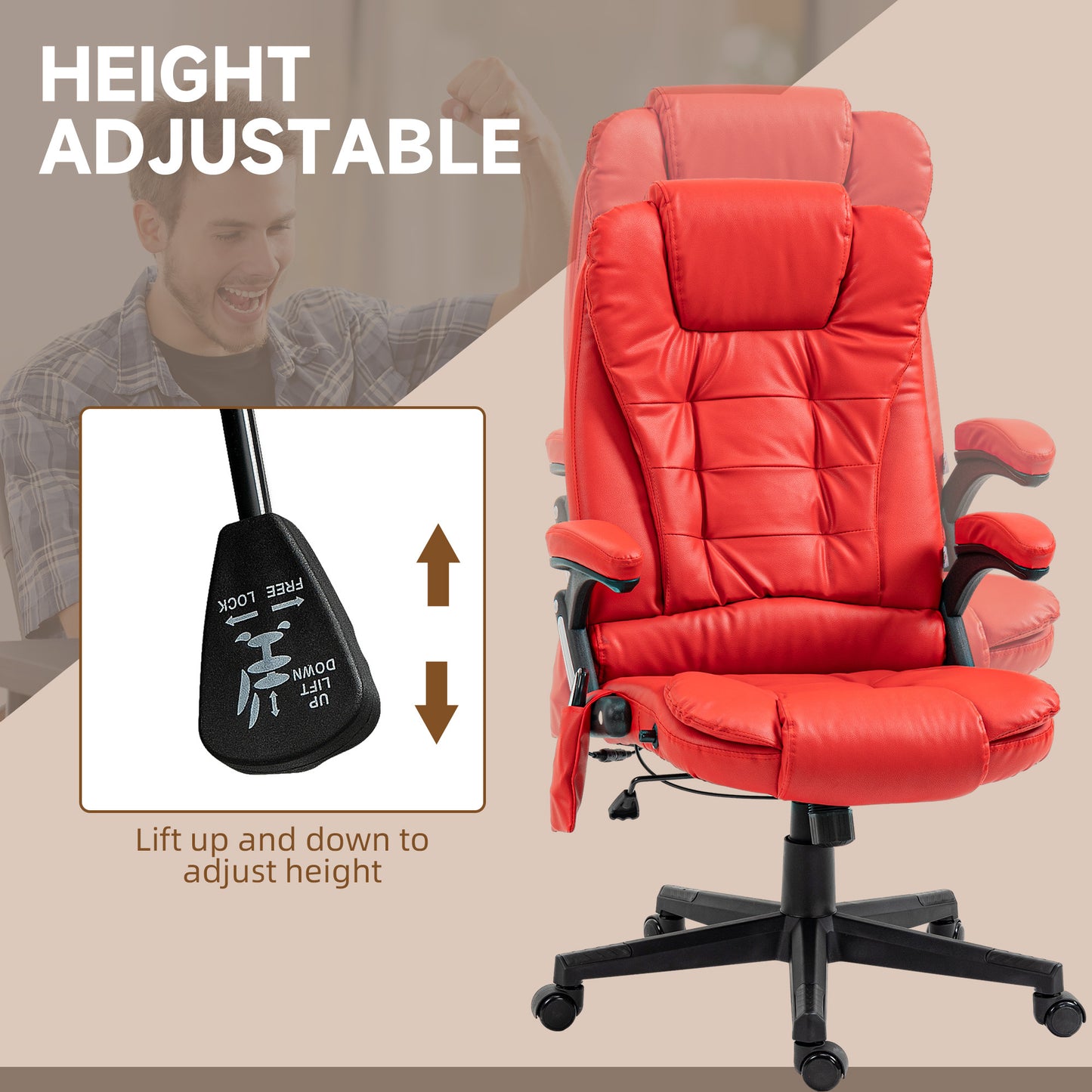 Ergonomic Red Vibration Massage Office Chair with Heated Recline, PU Leather, Remote Control, and Armrests