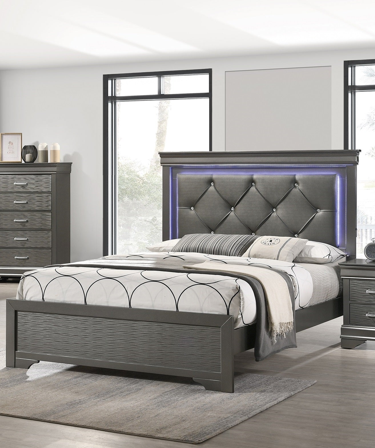 Elegant Dark Gray Faux Leather Queen Bed with Tufted Headboard and LED Lighting
