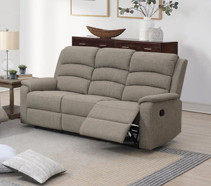 3-Seat Recliner Motion Sofa with Burlap Fabric, Cushioned Back, Plush Headrest, 74W x36D x40H Light Brown