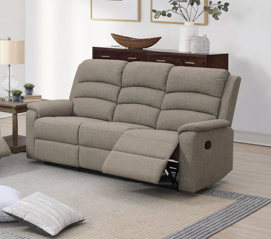 3-Seat Recliner Motion Sofa with Burlap Fabric, Cushioned Back, Plush Headrest, 74W x36D x40H Light Brown
