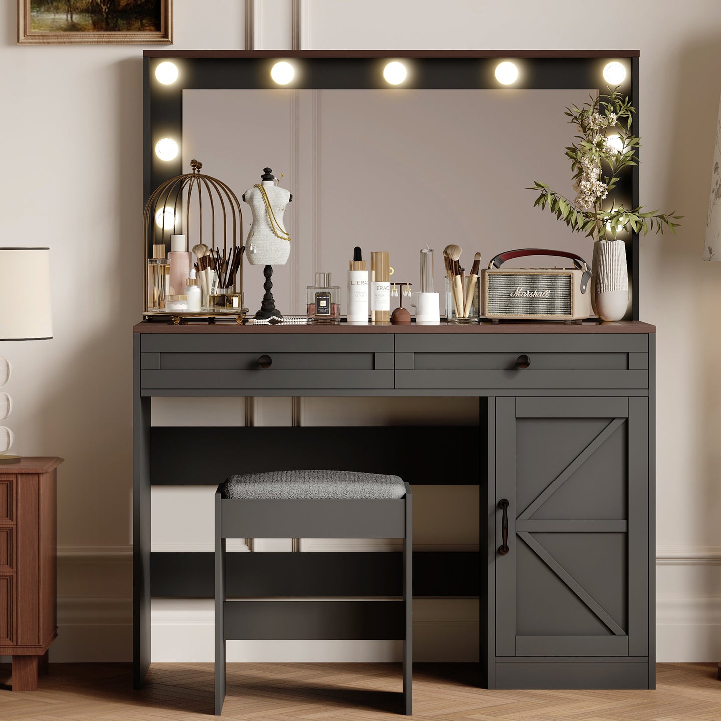 43.4-Inch Makeup Vanity Table with Mirror and 11 LED Lights, 3-Drawer Desk, Adjustable Brightness, Black