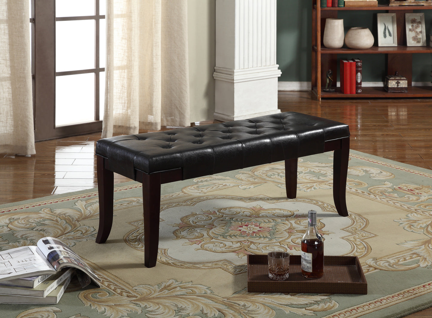 Tufted Faux Leather Bench, 44W x 16D x 18.25H, Solid Hardwood Legs, Foyer/Bedroom/Living Room, Espresso