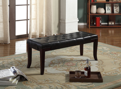Tufted Faux Leather Bench, 44W x 16D x 18.25H, Solid Hardwood Legs, Foyer/Bedroom/Living Room, Espresso